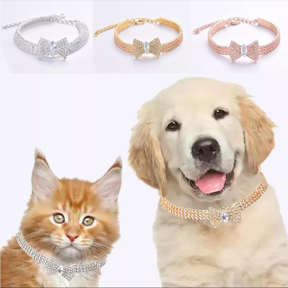 Gold Bow Glam Diamond Cat Dog Necklace - Picture 3 of 3